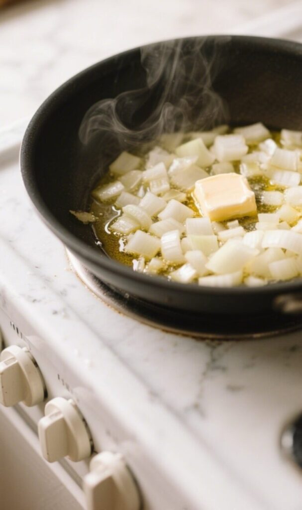 Spoon lifting Creamy Mushroom and Spinach Orzo from a pan