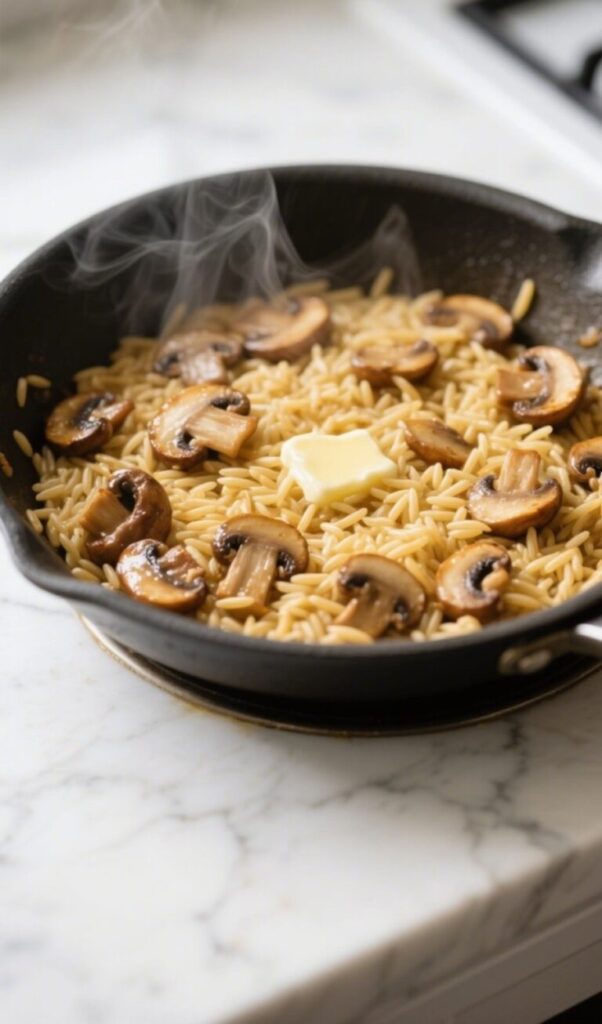 Creamy Mushroom and Spinach Orzo served on a ceramic plate