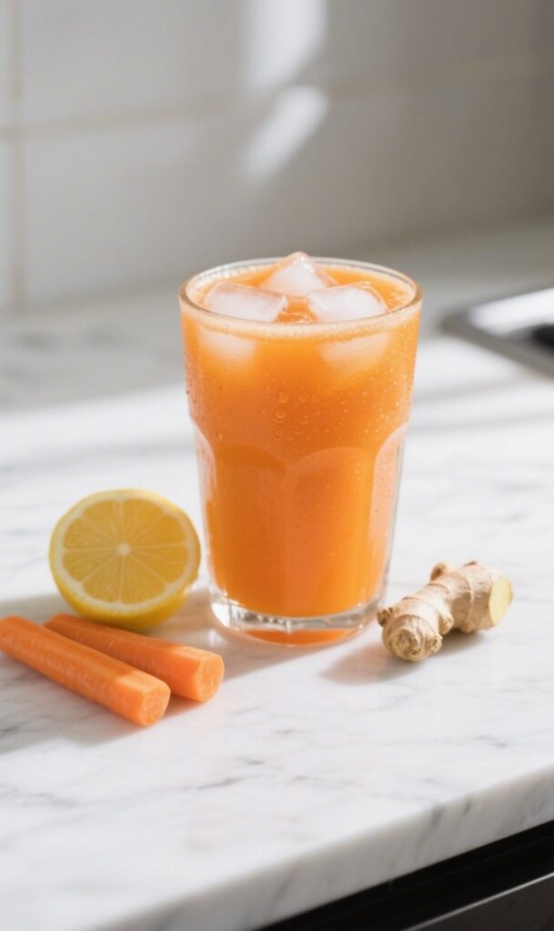 Final glass of Carrot Orange Ginger Juice with ice on marble
