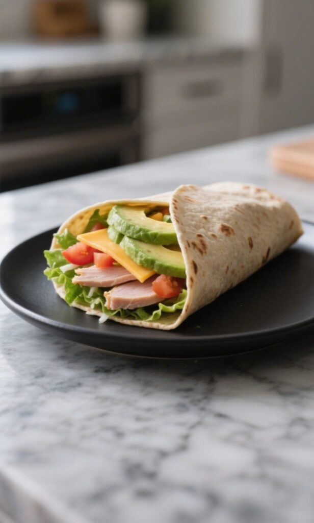 Final turkey wrap served on black plate with visible filling