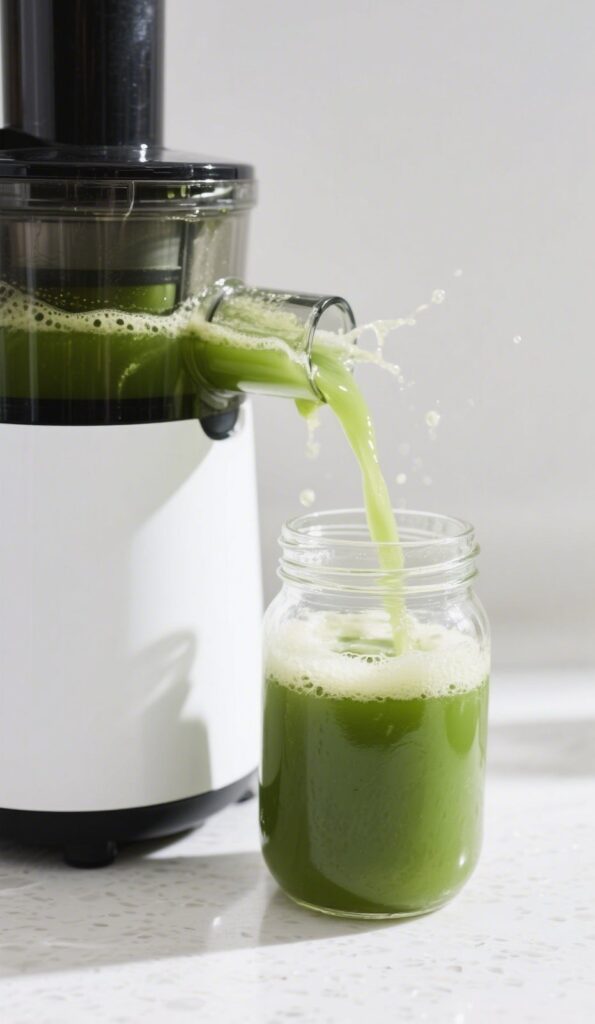 fresh green juice being poured into glass