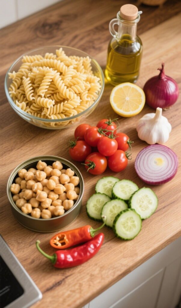 Ingredients for chickpea pasta salad with fusilli