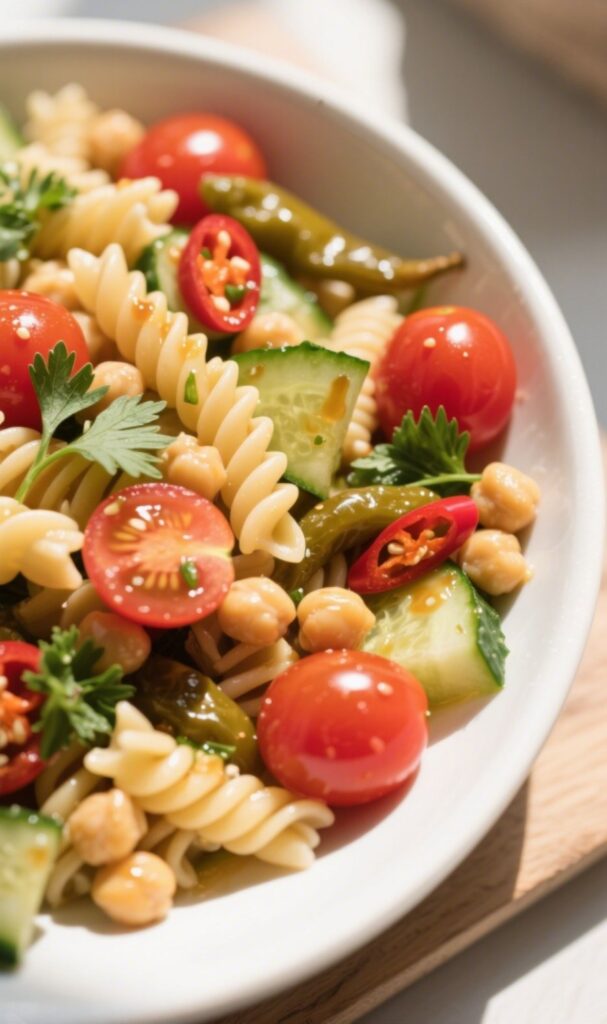 Chickpea pasta salad with fusilli and fresh veggies