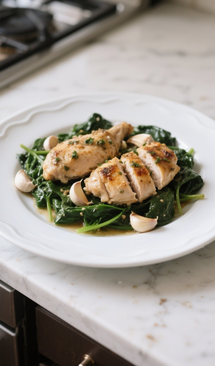 Garlic chicken with spinach served on a plate