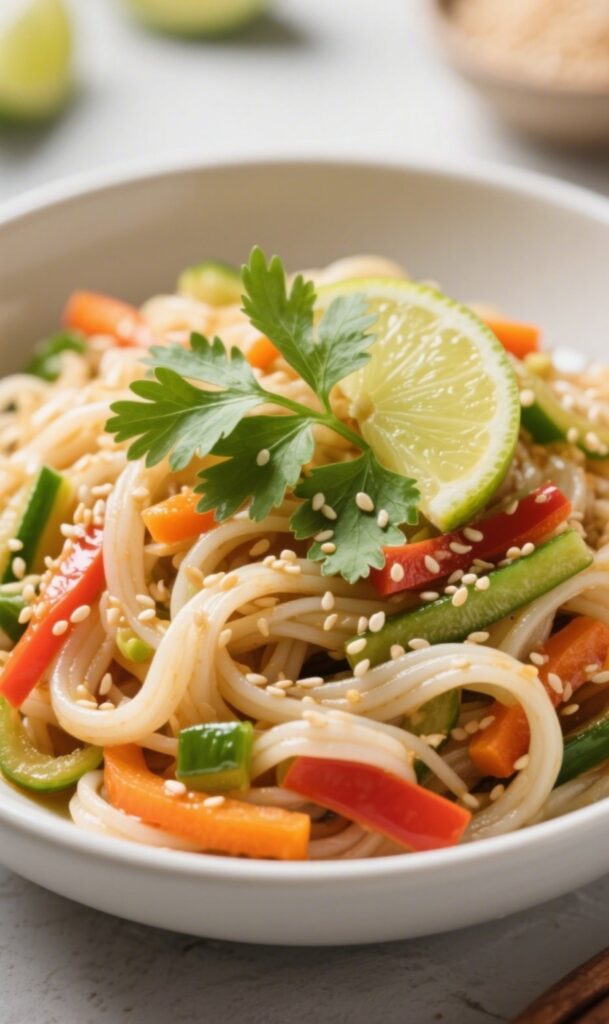 Plated gluten free rice noodles with vegetables