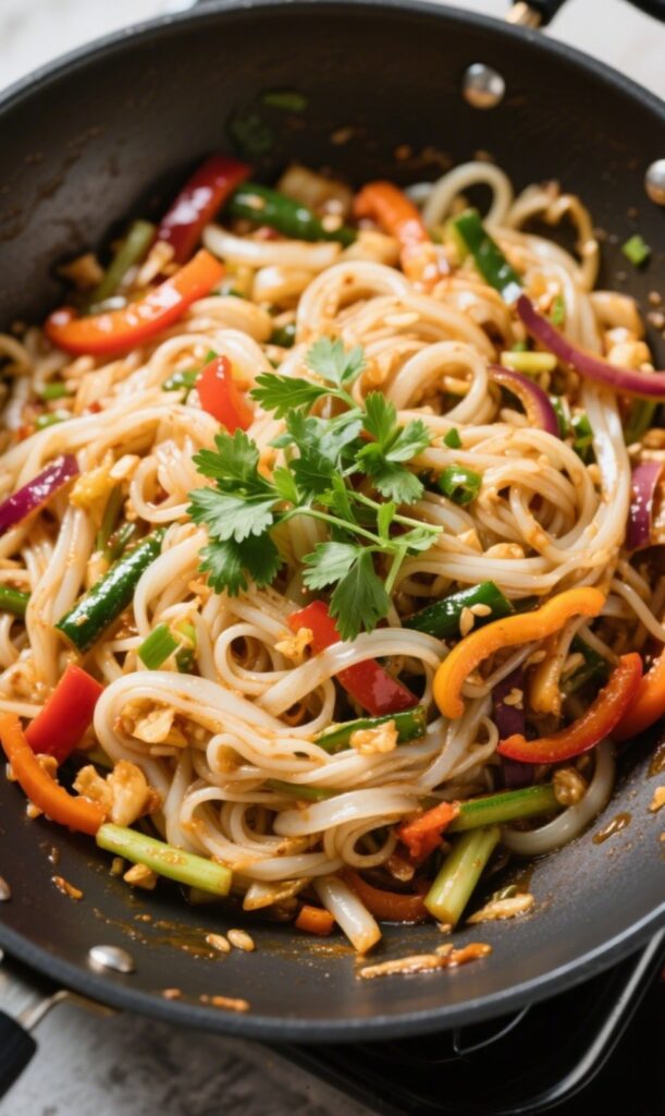 Gluten free rice noodles and vegetables stir fry in wok