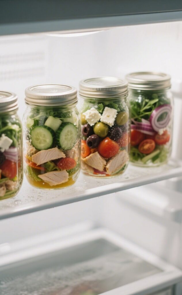 Greek Salad jars stored fresh in the fridge