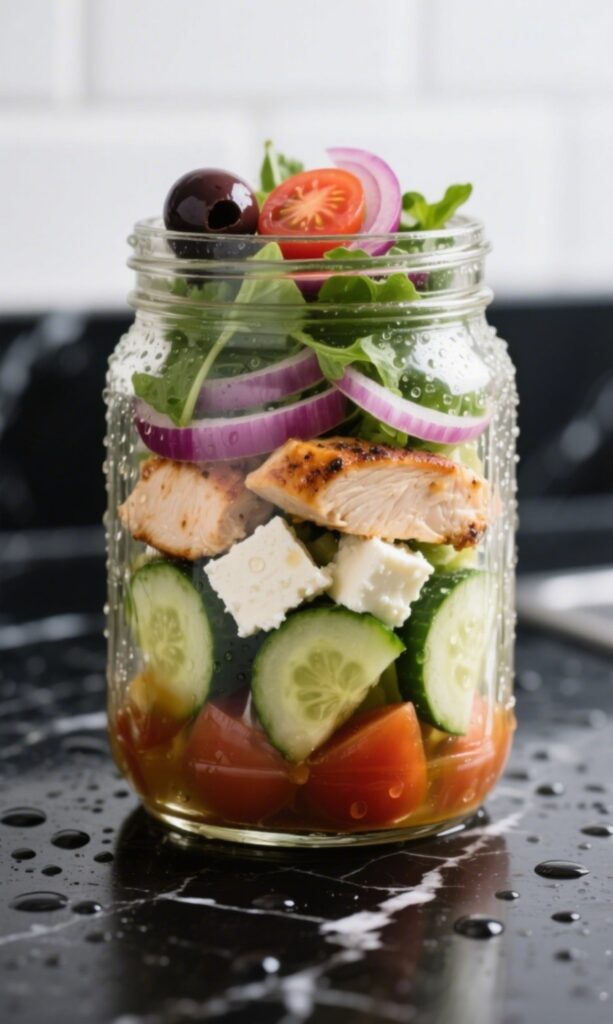 Fresh Greek Salad in a mason jar on black marble counter