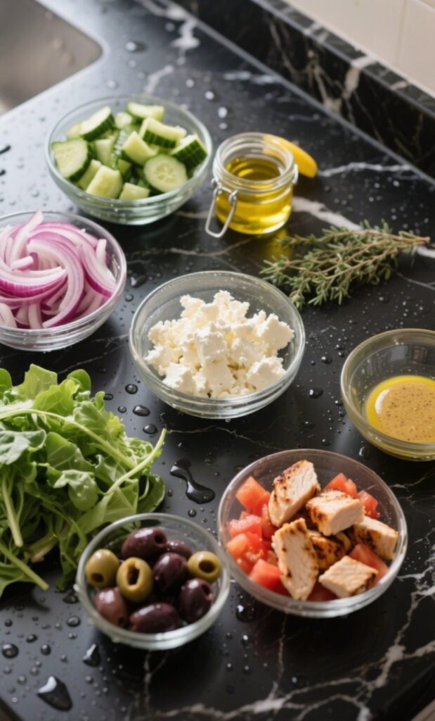 Greek Salad ingredients laid out on black marble countertop