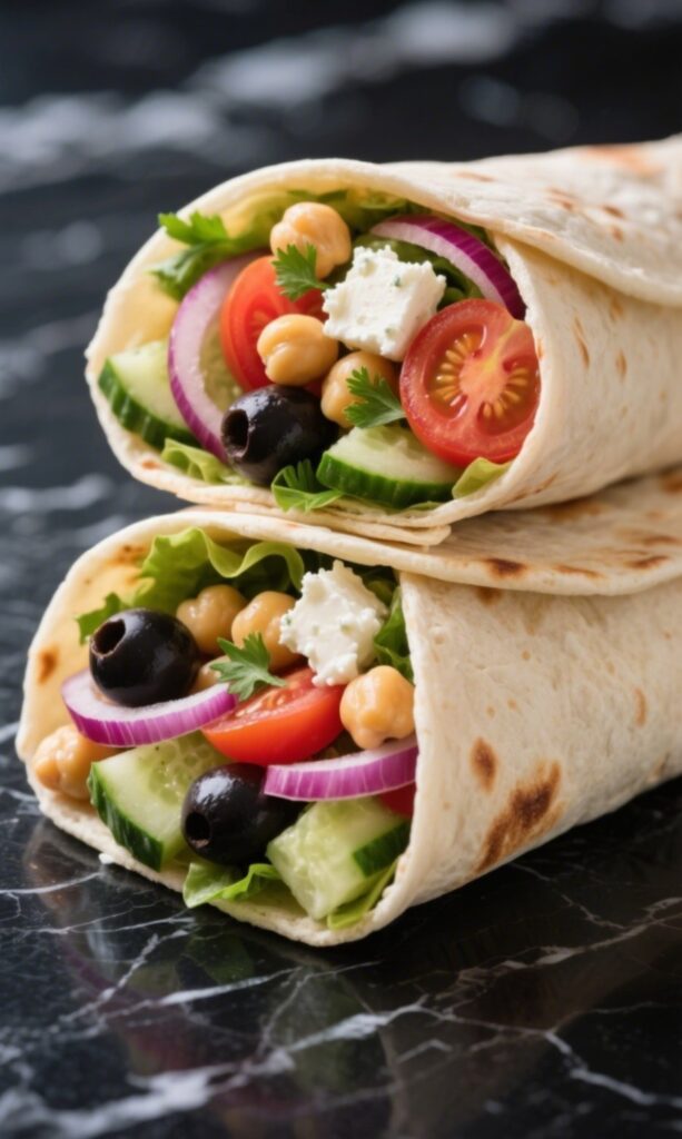 Greek Salad Wrap sliced open with fresh textures visible on black marble