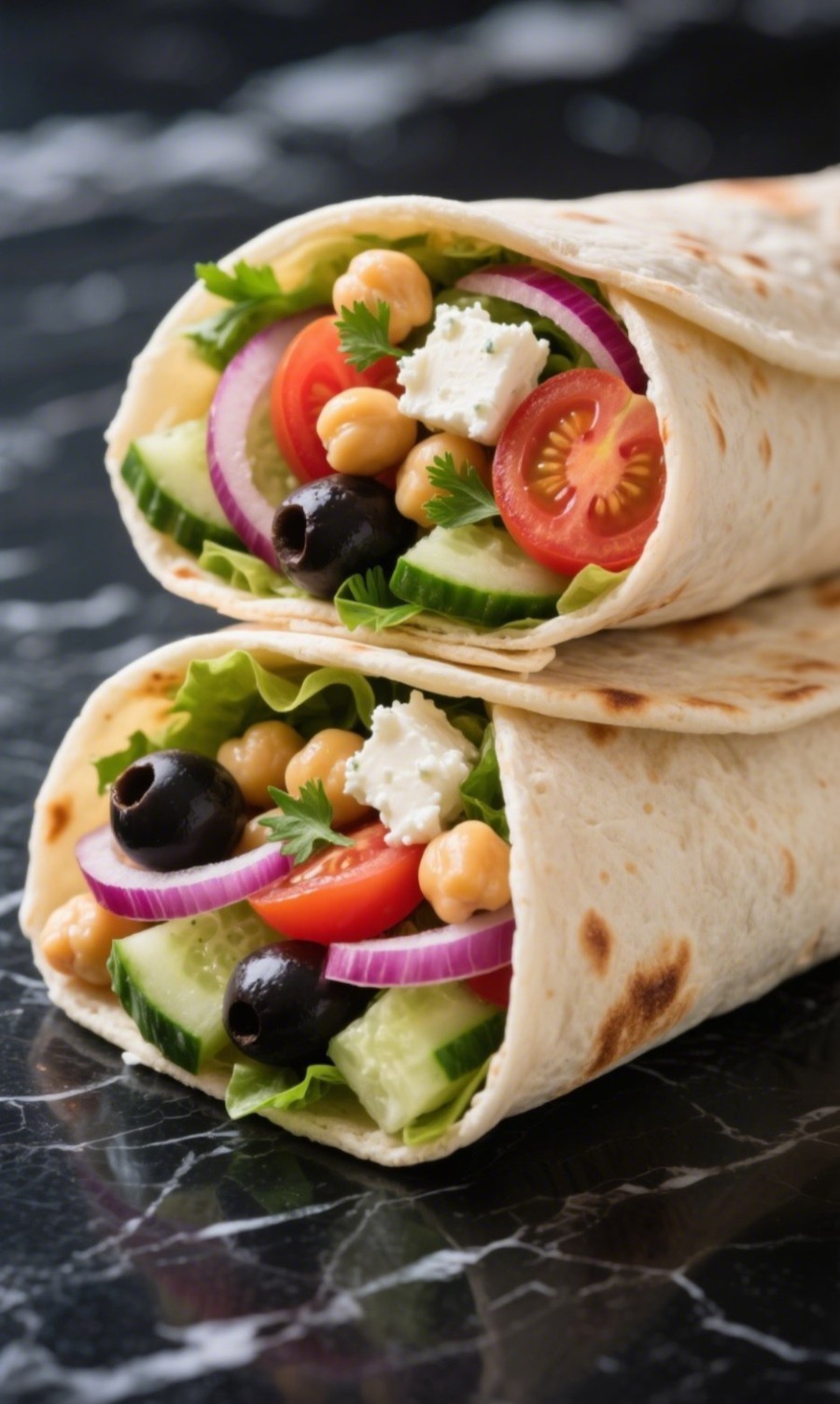 Greek Salad Wrap sliced open with fresh textures visible on black marble