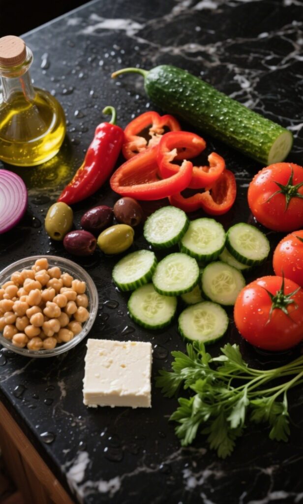 Fresh Greek salad ingredients