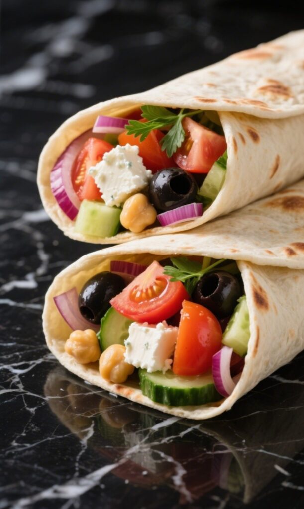 Greek Salad Wraps served with hummus and side salad on black marble