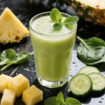 pineapple cucumber mint juice in clear glass on black marble