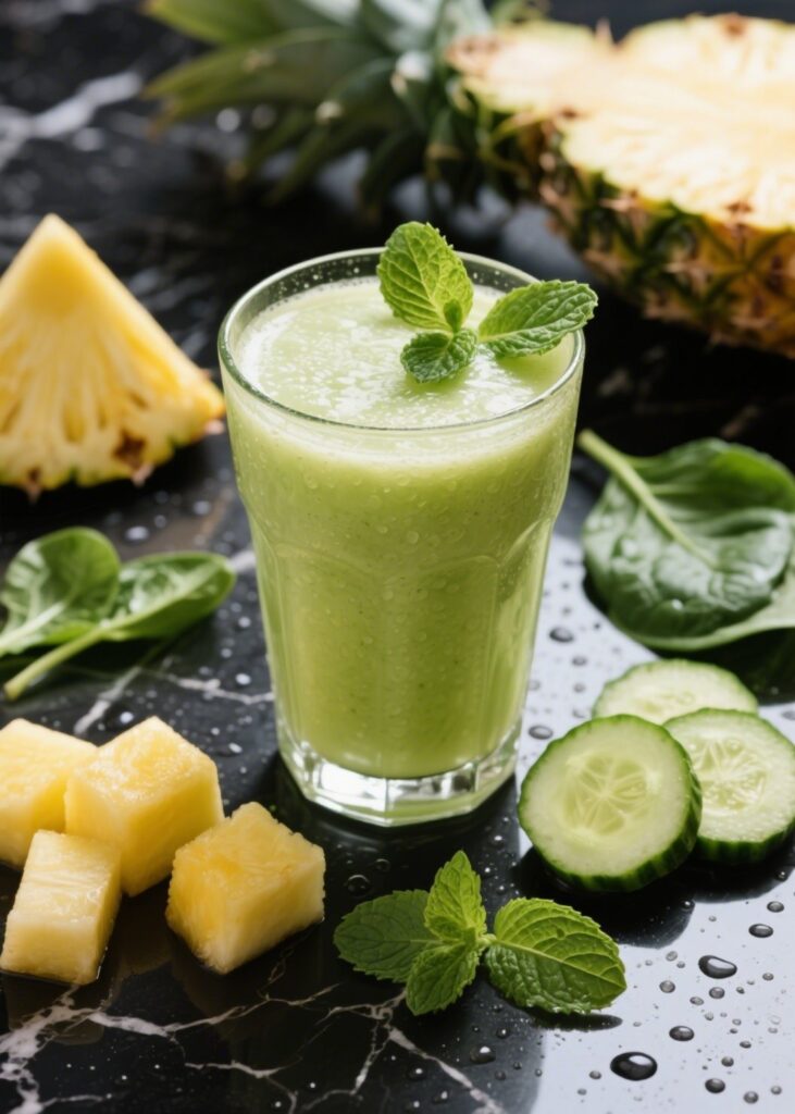 pineapple cucumber mint juice in clear glass on black marble