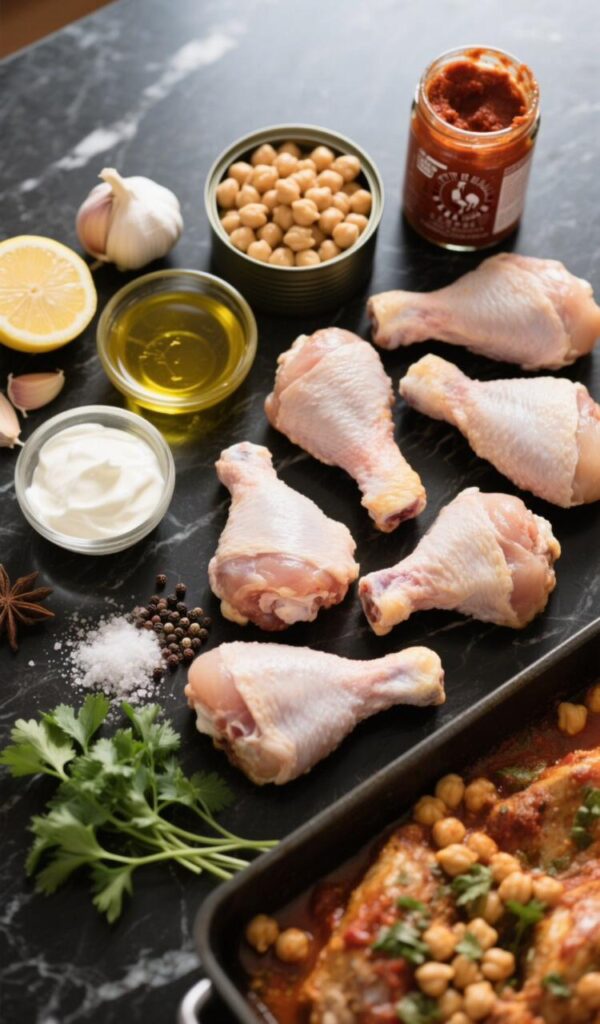 Ingredients for harissa chicken with chickpeas laid out on table