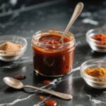 Homemade BBQ Sauce in a Glass Jar with Ingredients on Black Marble