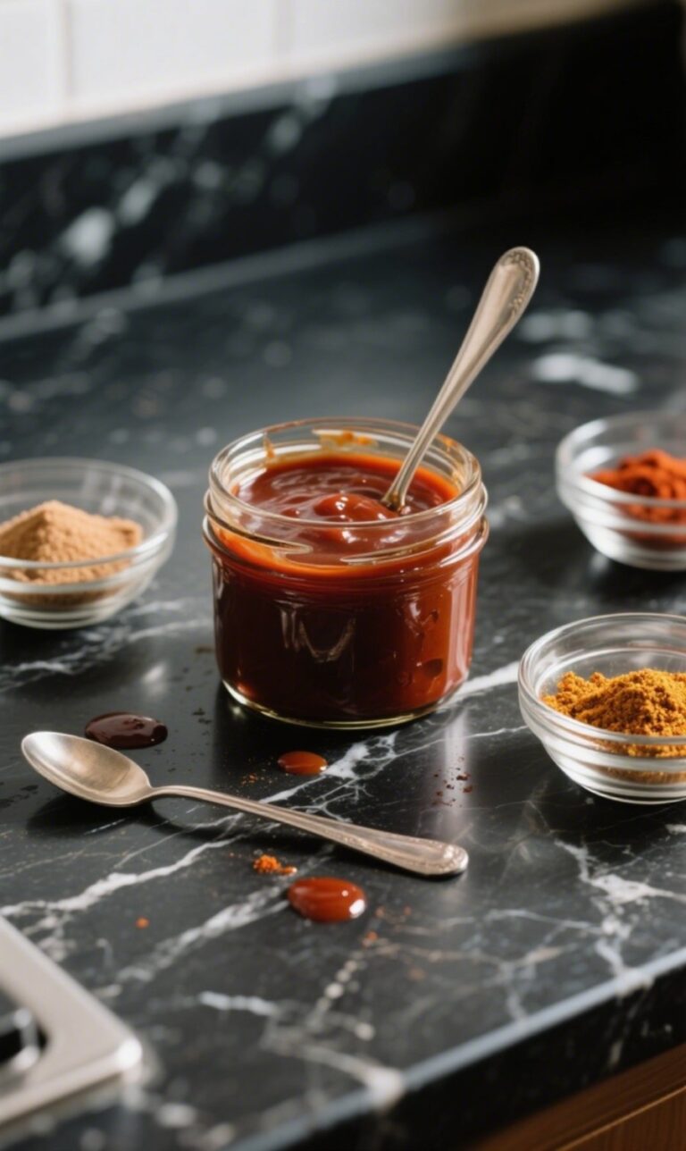 Homemade BBQ Sauce in a Glass Jar with Ingredients on Black Marble