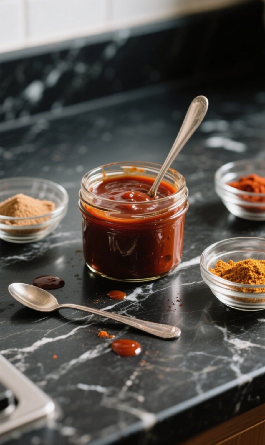Homemade BBQ Sauce in a Glass Jar with Ingredients on Black Marble