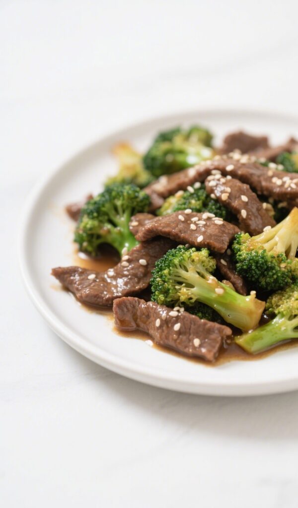 homemade beef and broccoli stir-fry served