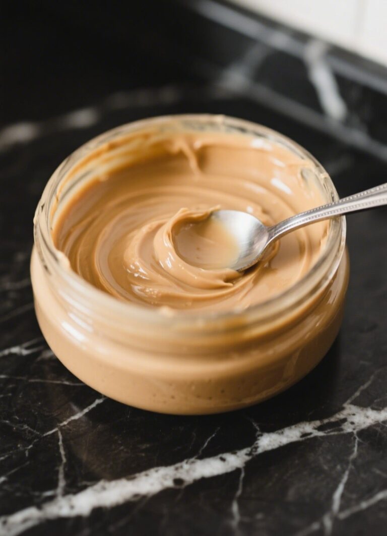 Homemade Peanut Butter in a Glass Jar on Black Marble