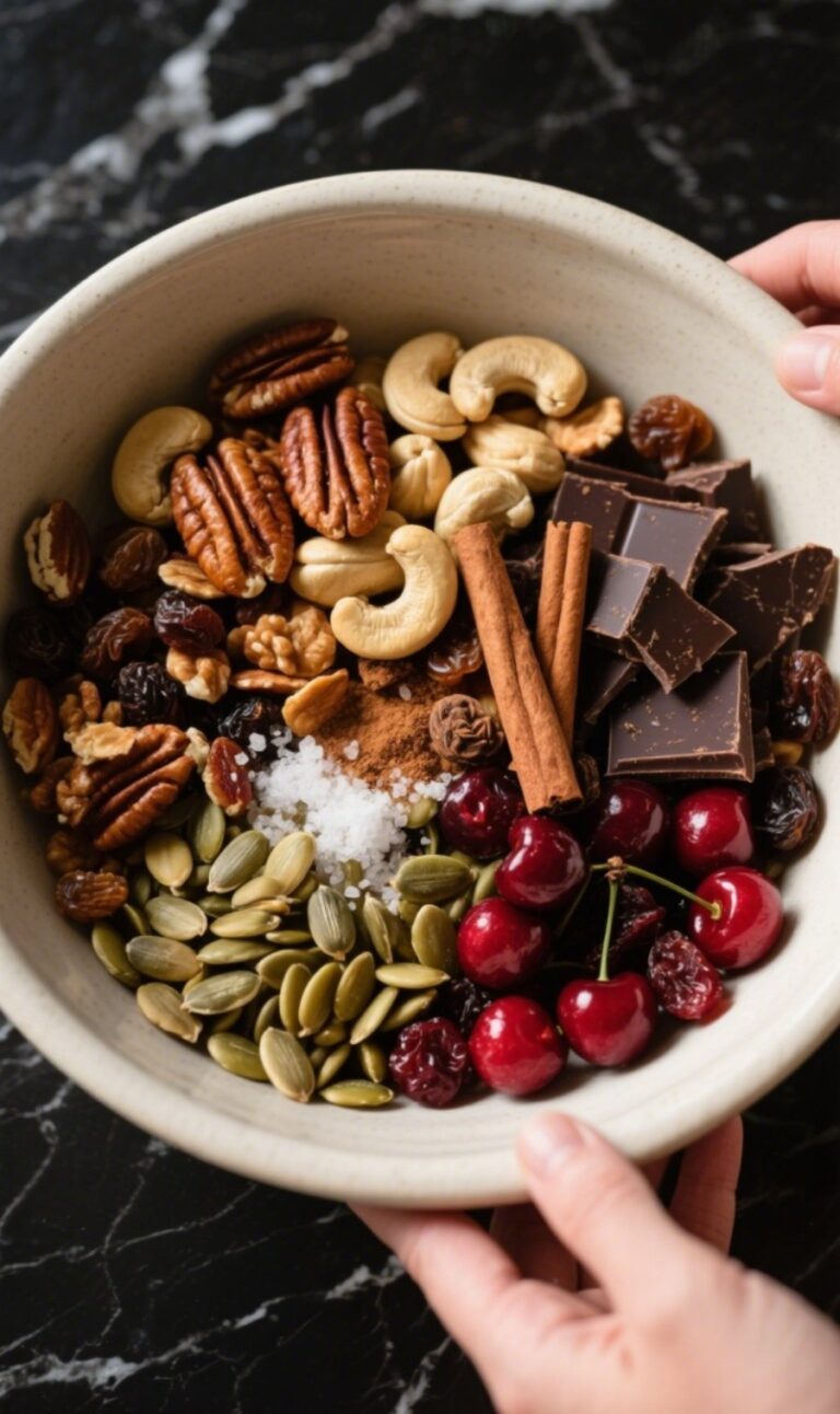 Homemade trail mix with nuts, seeds, and dried fruit on black marble countertop