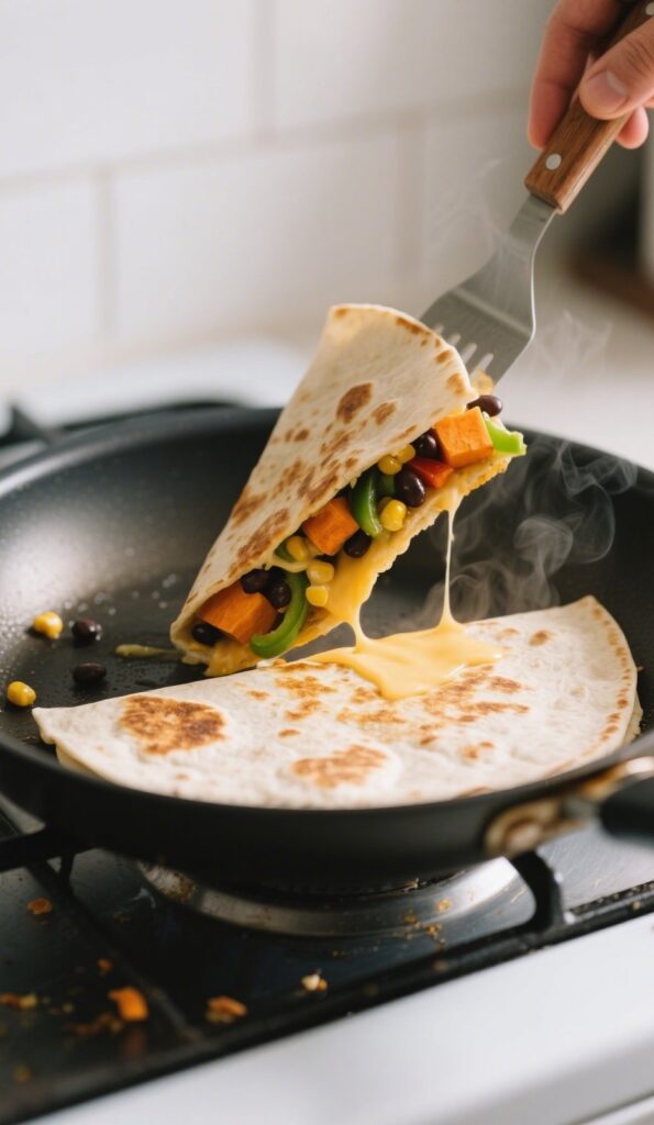 Crispy veggie quesadilla with cheese and sautéed vegetables
