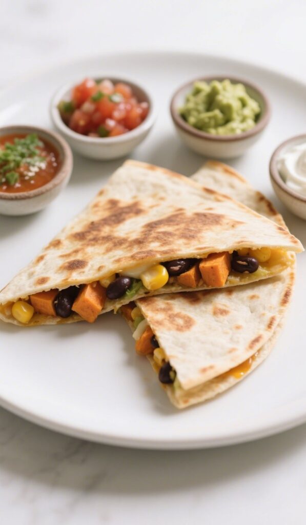 Crispy veggie quesadilla with cheese and sautéed vegetables