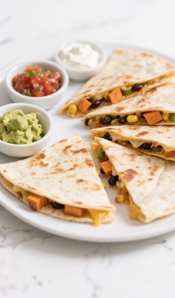 Crispy veggie quesadilla with cheese and sautéed vegetables