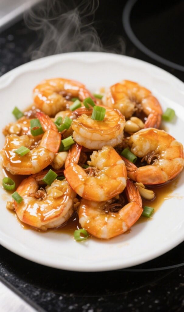 honey garlic shrimp served on white plate over black marble countertop
