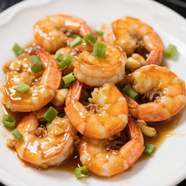 honey garlic shrimp served on white plate over black marble countertop