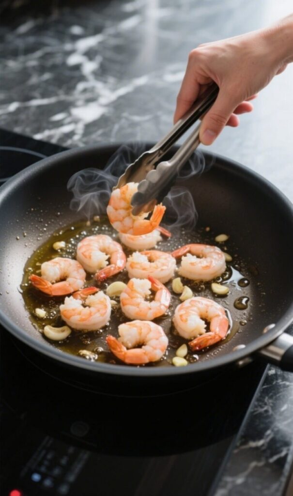 Shrimp cooking in pan with garlic soy honey sauce