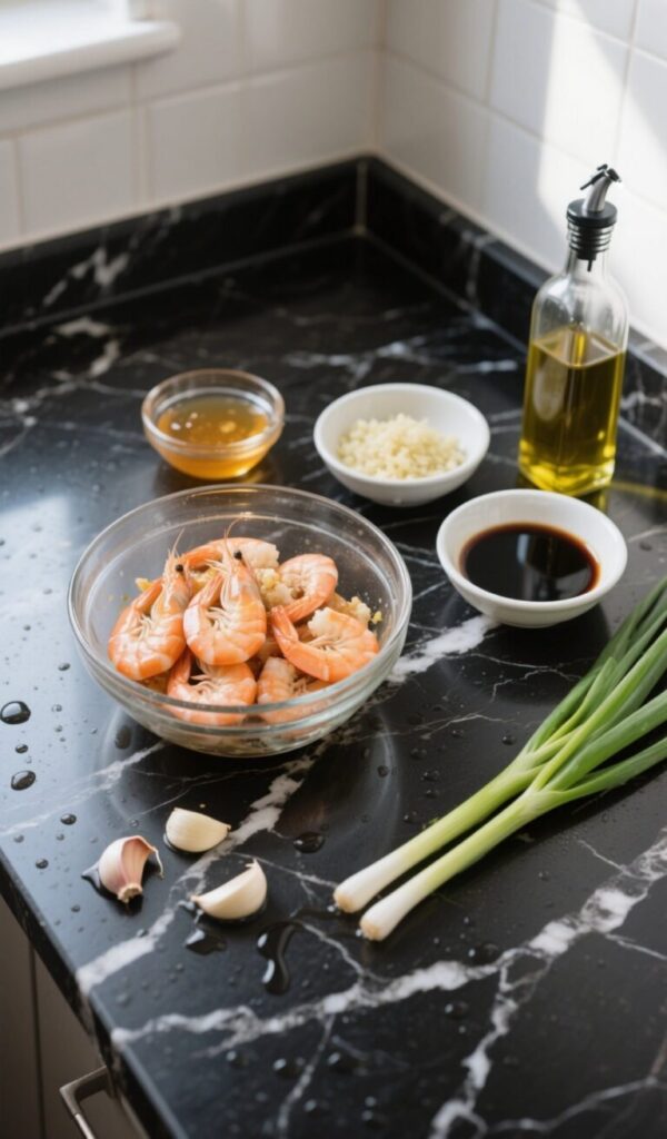 Raw shrimp and ingredients laid out for honey garlic shrimp