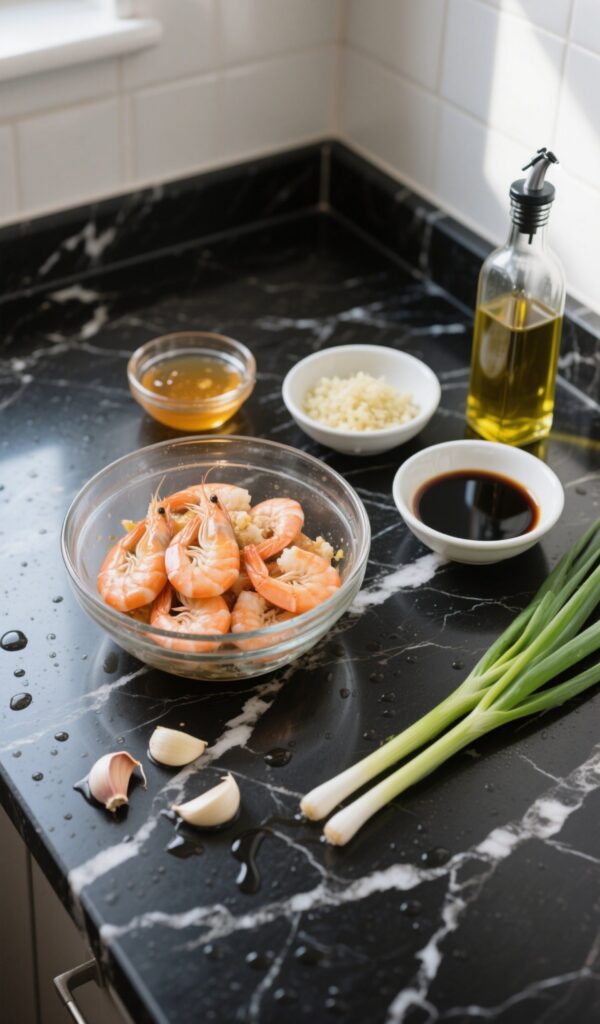 ingredients for honey garlic shrimp on black marble countertop