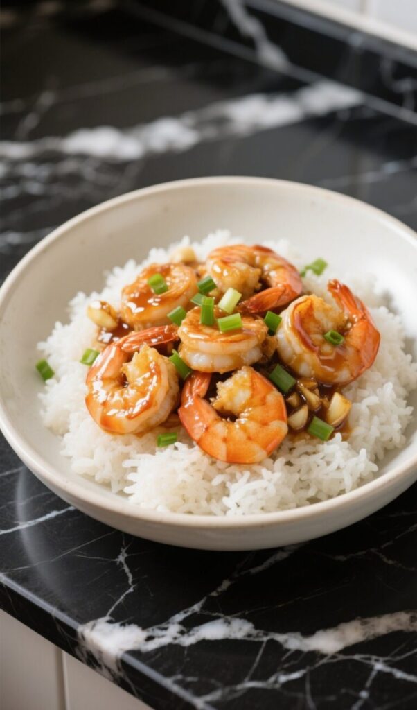 Honey garlic shrimp served over jasmine rice