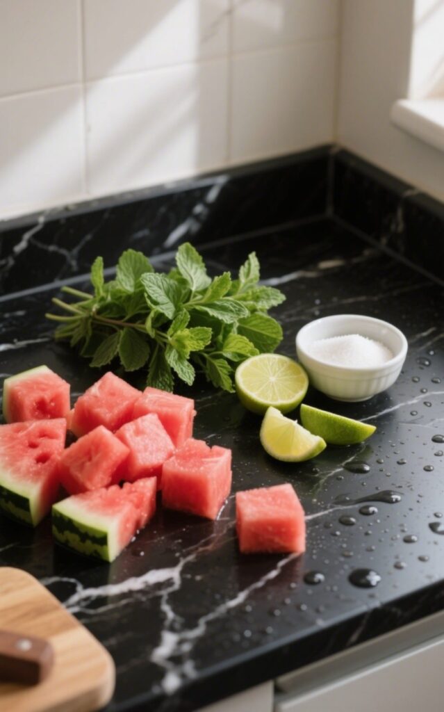 Ingredients for Watermelon Mint Cooler on black marble
