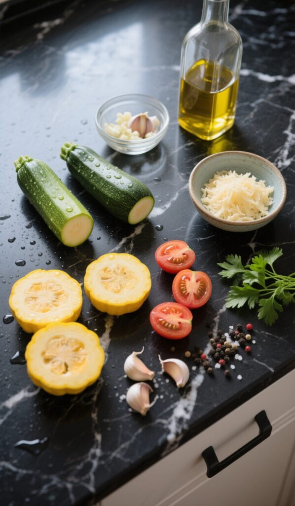 Fresh zucchini, squash, tomatoes, garlic, and parmesan on black marble countertop