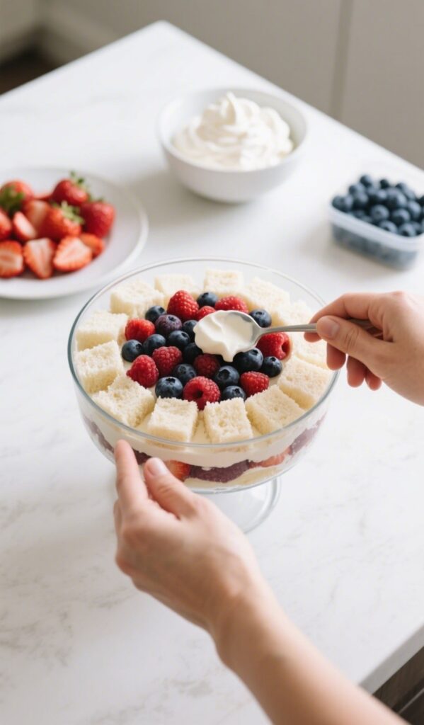 Layering strawberries in Angel Food Cake Berry Trifle glass bowl