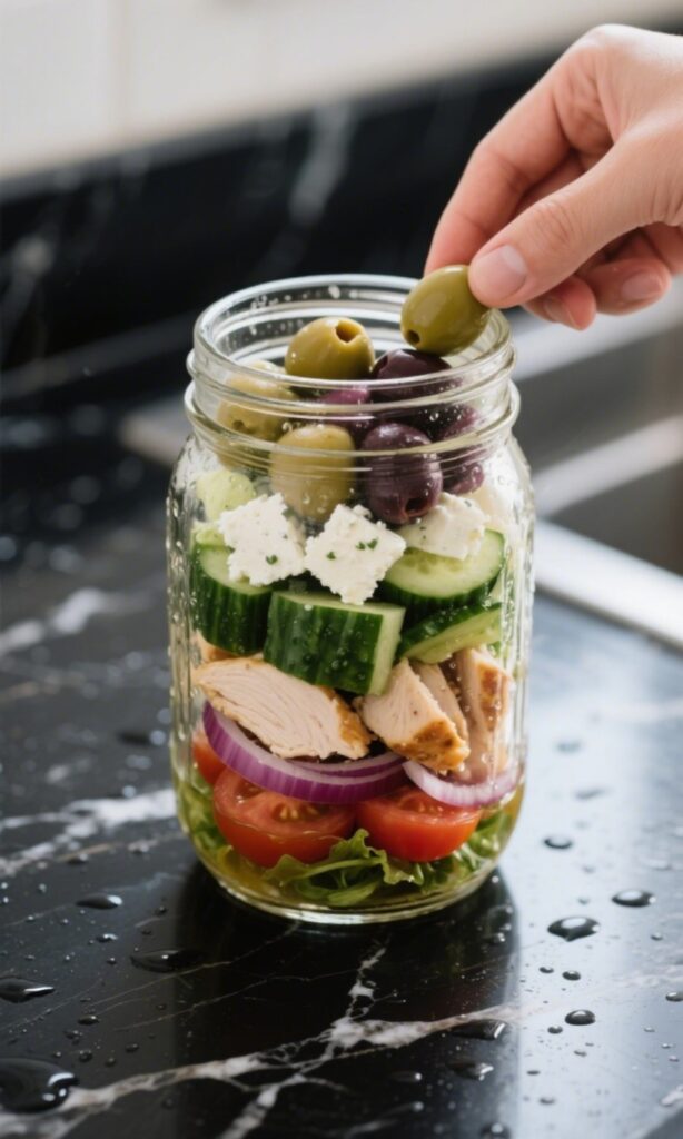 Layering steps of Greek Salad in a Jar on marble countertop
