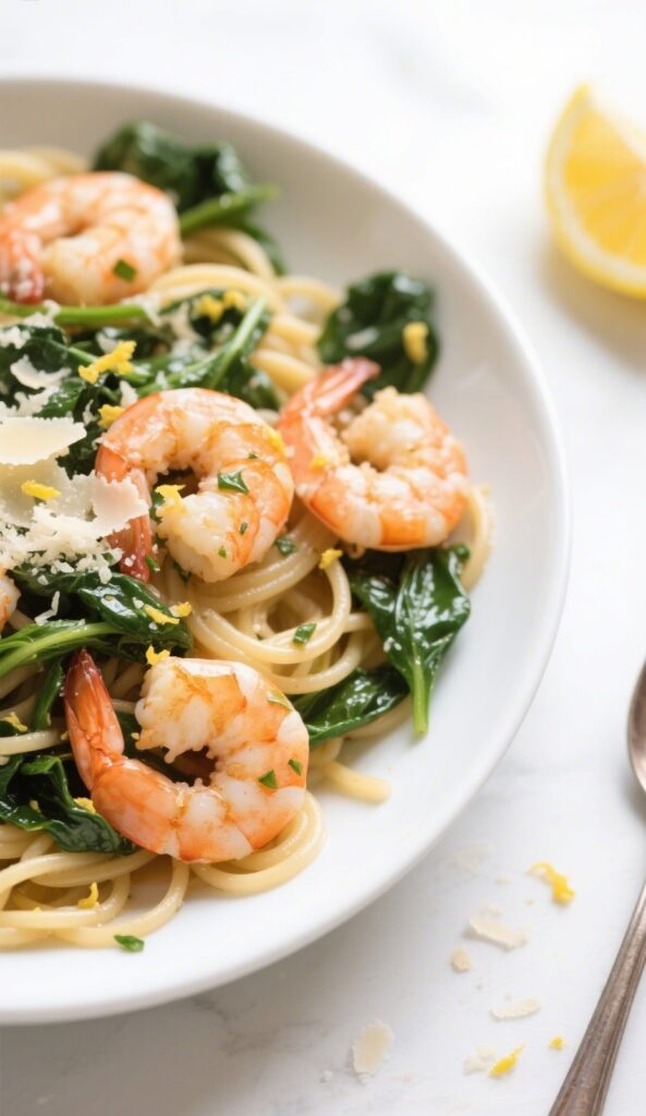 Lemon Garlic Shrimp Pasta With Spinach served hot in a white bowl