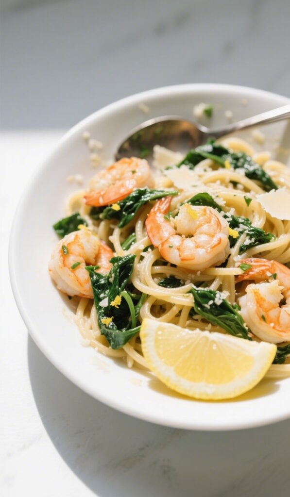 Lemon Garlic Shrimp Pasta With Spinach served hot in a white bowl