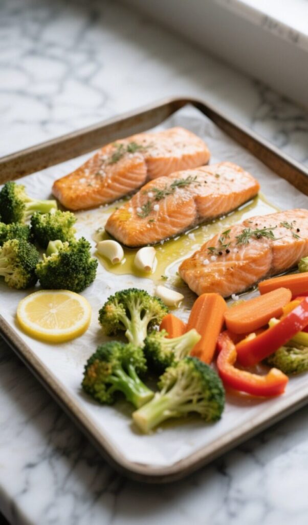 Raw salmon fillets with broccoli, carrots, red bell peppers, lemon, and garlic on a baking sheet