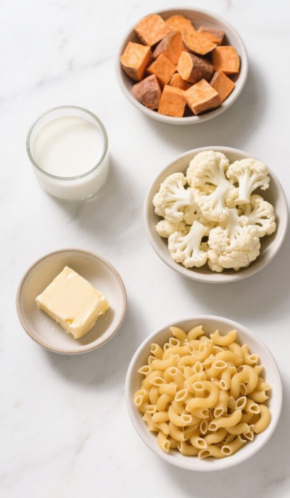 Ingredients for healthy hidden veggie mac and cheese