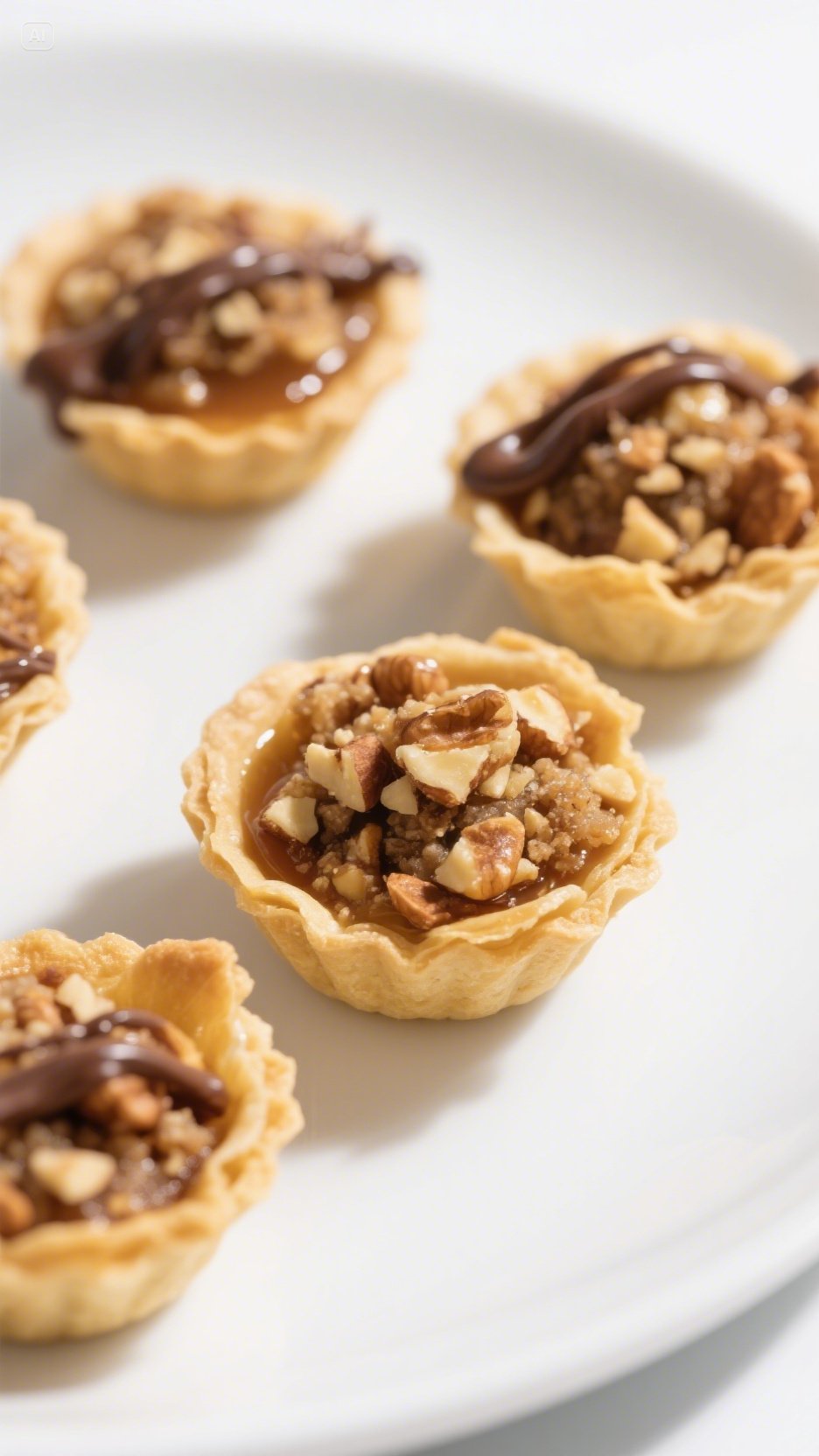 Mini Baklava Cups on wooden tray with honey drizzle