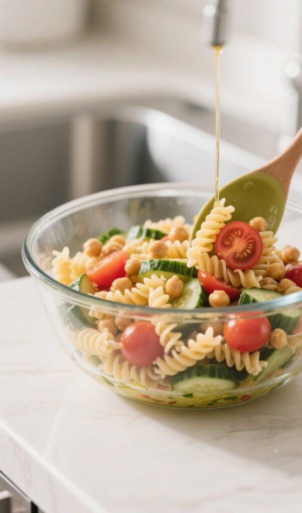 Tossing fusilli chickpea pasta salad with vinaigrette