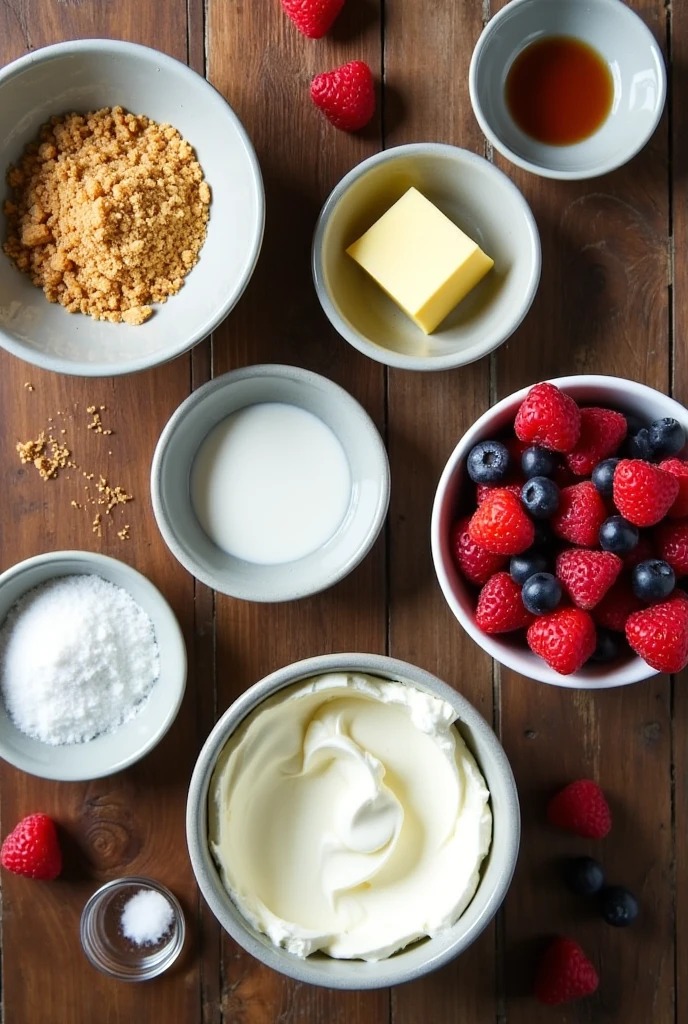Ingredients for no-bake cheesecake on a table
