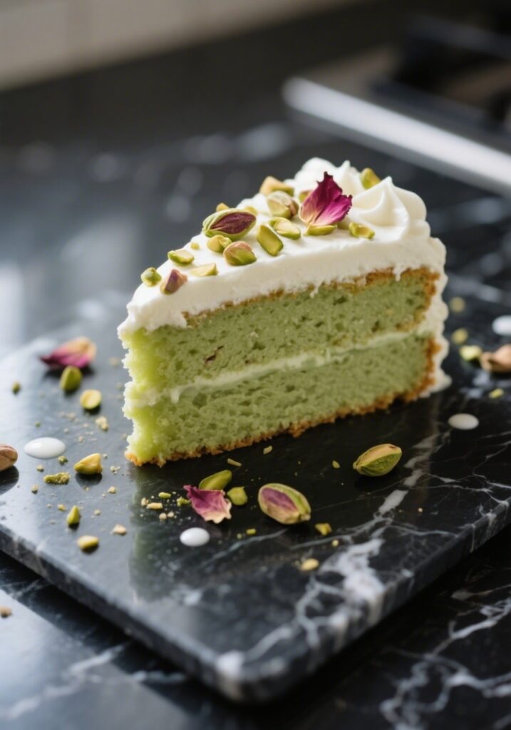 pistachio milk cake on black marble counter