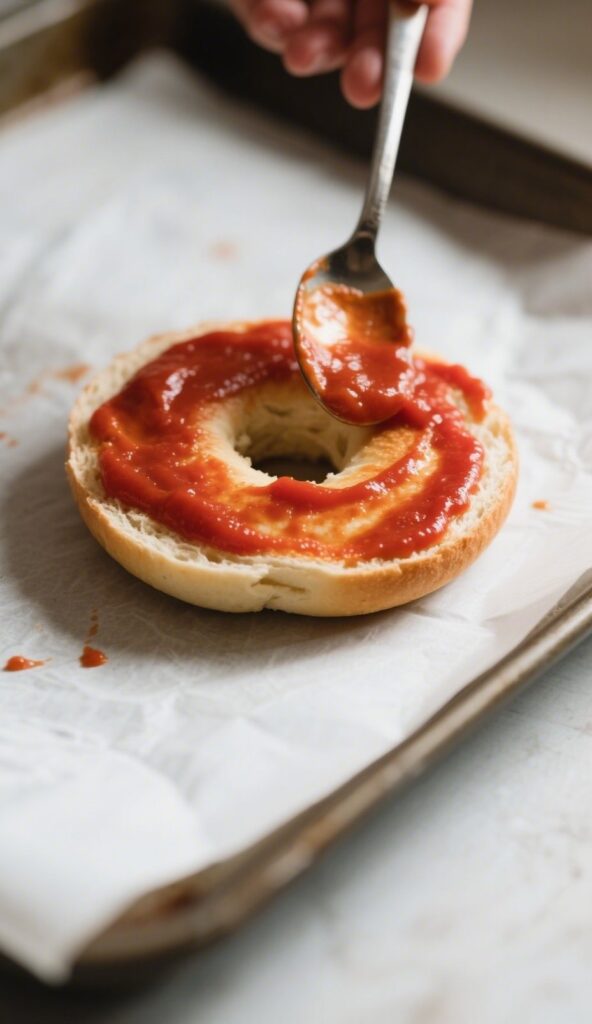 red-pizza-sauce-on-a-halved-mini-bagel-.