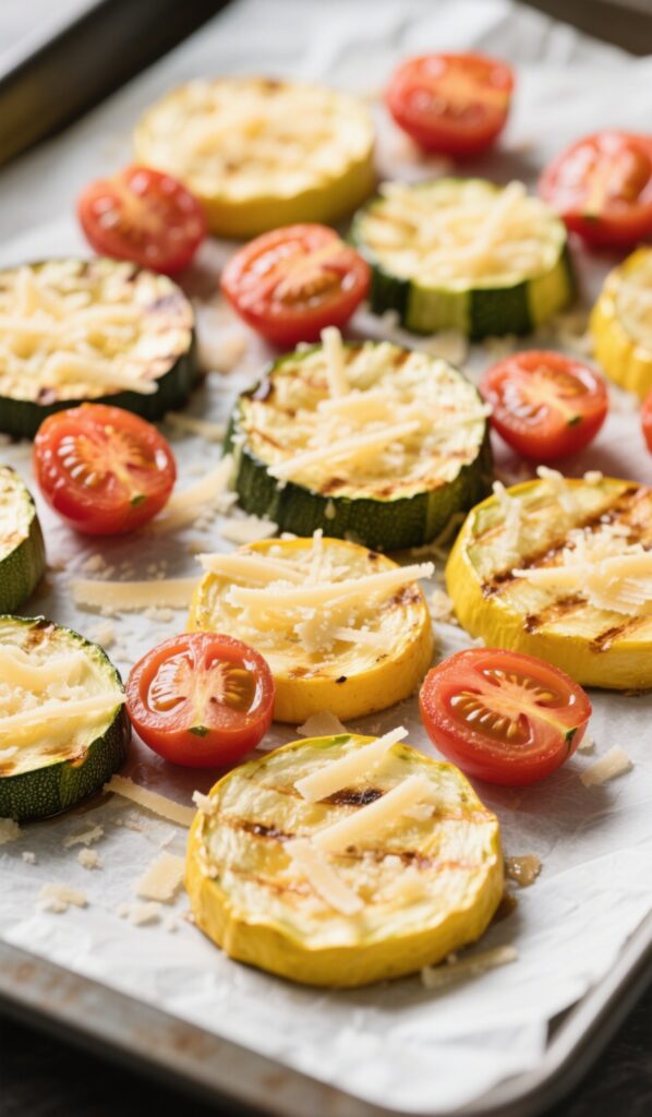 Roasted zucchini squash and tomatoes on baking sheet