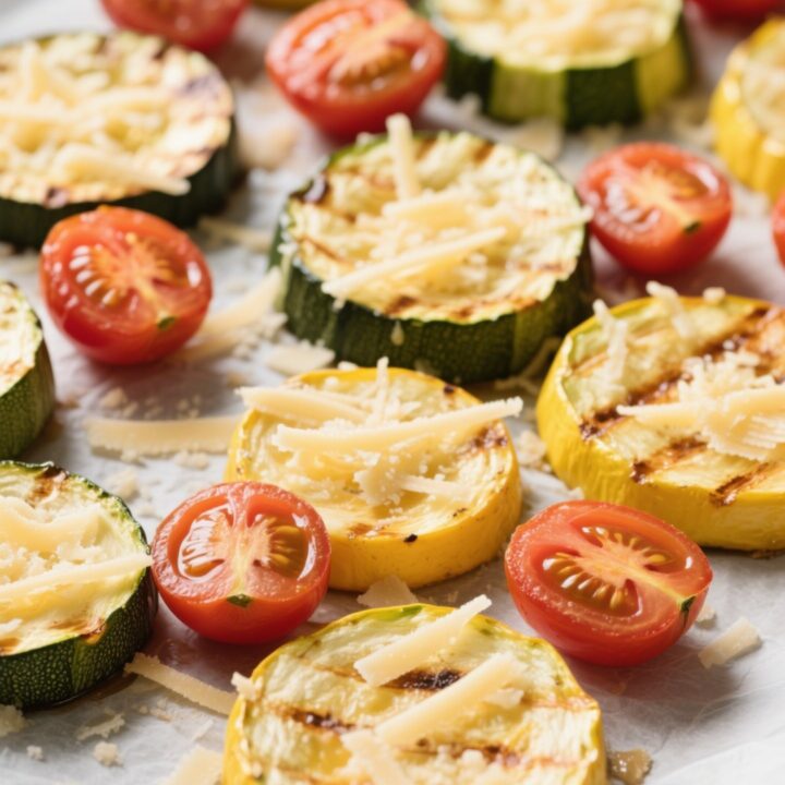 Roasted zucchini squash and tomatoes on baking sheet
